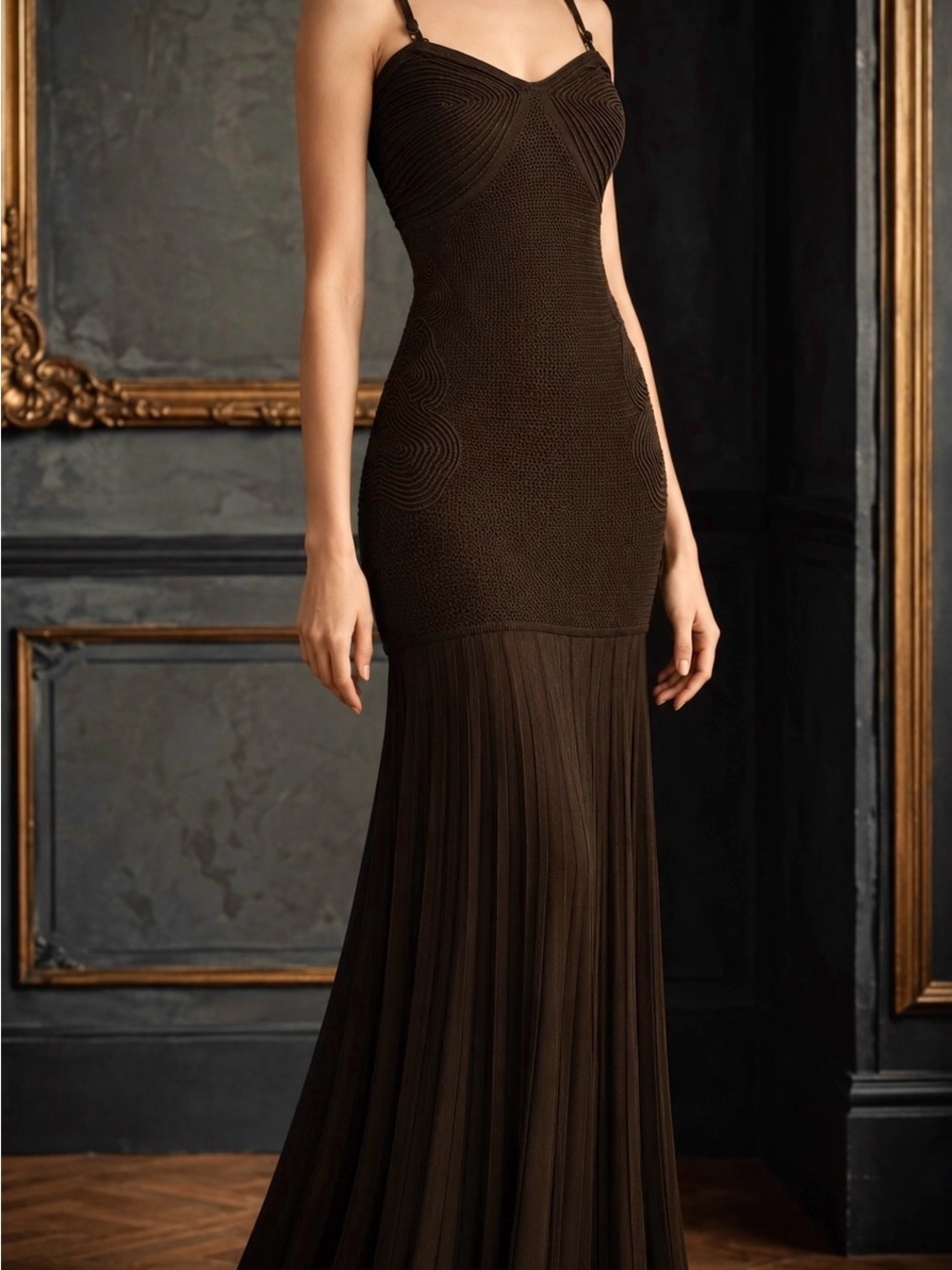Camila Coelho Black Knit Pleated Bodycon Maxi Dress Y2K Gothic Glam Size Small